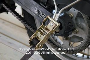 Motorcycle trailer tie down ratchet and strap