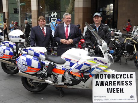NSW MCC chairman Chris Burns (left), NSW Transport Minister Duncan Gay and police officer at last year’s awareness launch