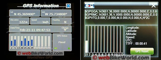 WorldNav 3500 GPS information screens.