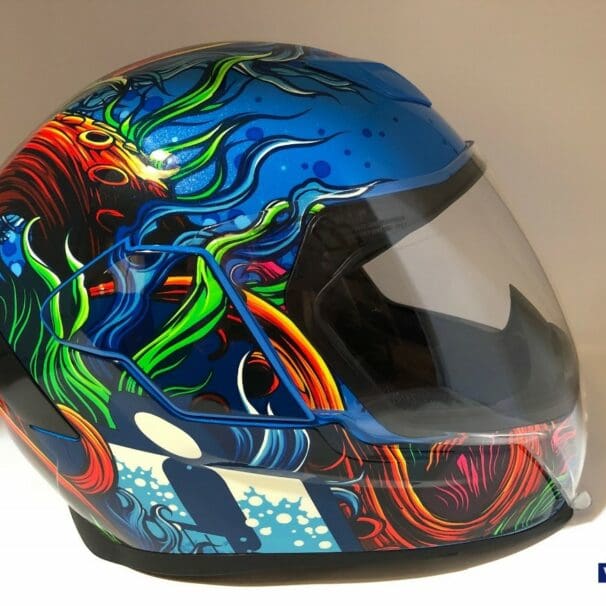 Icon Airflite Inky Helmet side view with FliteShield down and Drop Screen up
