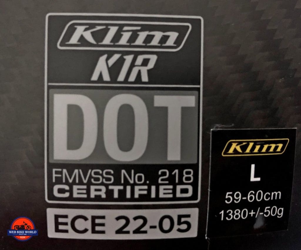 Klim K1R DOT/ECE sticker.