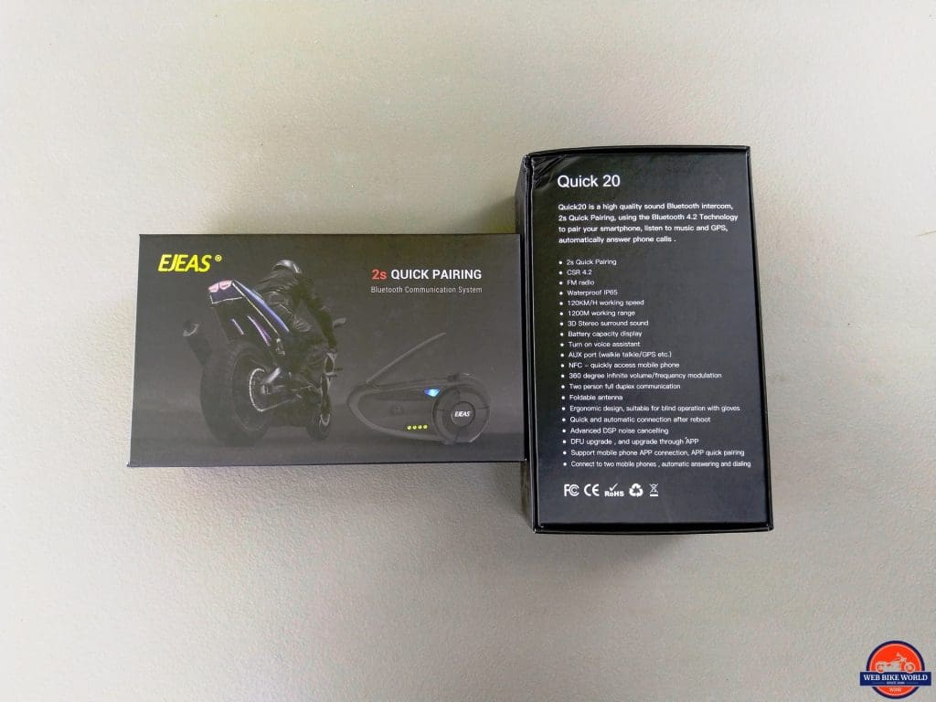 EJEAS Quick 20 Bluetooth Helmet System retail box specifications