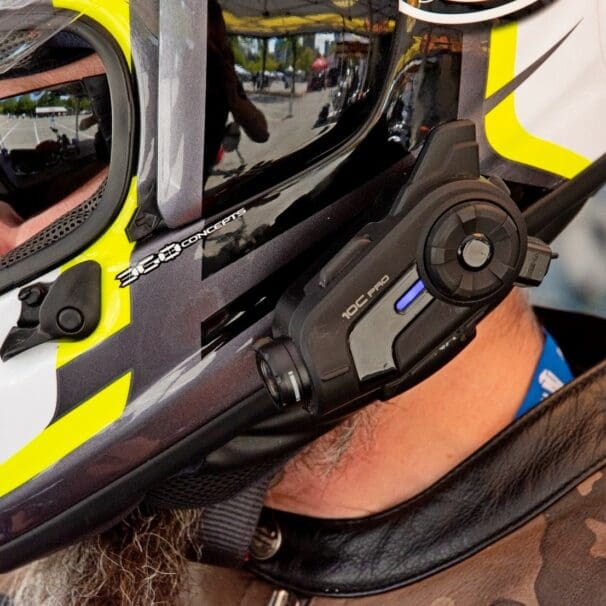 The Sena 10C Pro installed on an Arai DT-X helmet.