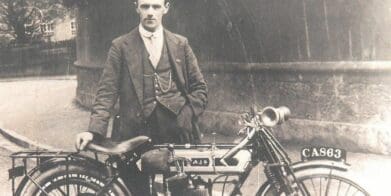 Billy Jones with his 350cc AJS, ridden in the Junior TT of 1914