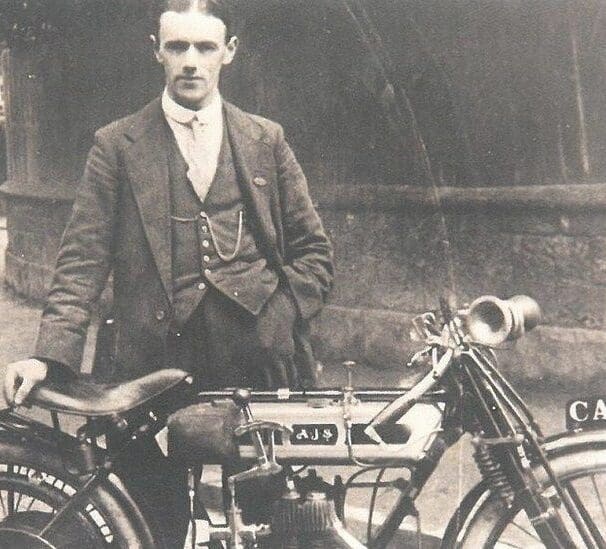 Billy Jones with his 350cc AJS, ridden in the Junior TT of 1914