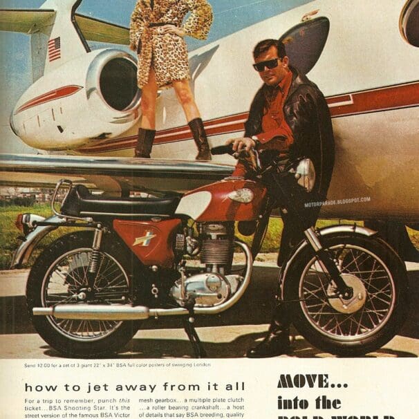 A vintage advertisement for BSA Motorcycles