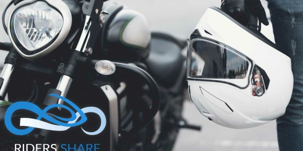 a picture of the side of a motorcycle with a hanging helmet, courtesy of Riders Share Rental Programs