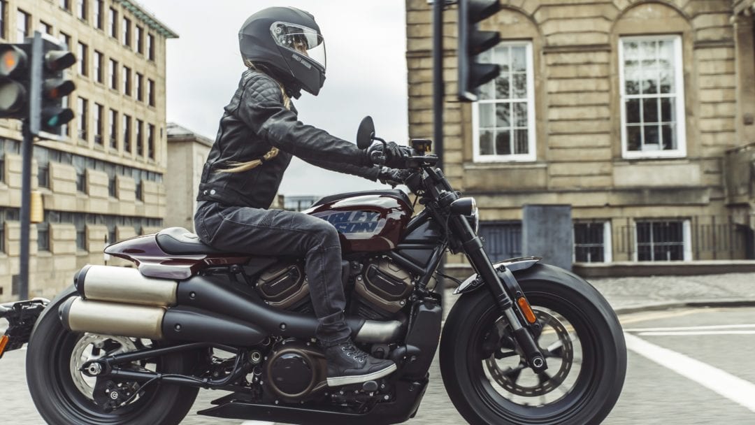 A side profile of a rider trying out the new Harley Davidson Sportster® S in Scotland