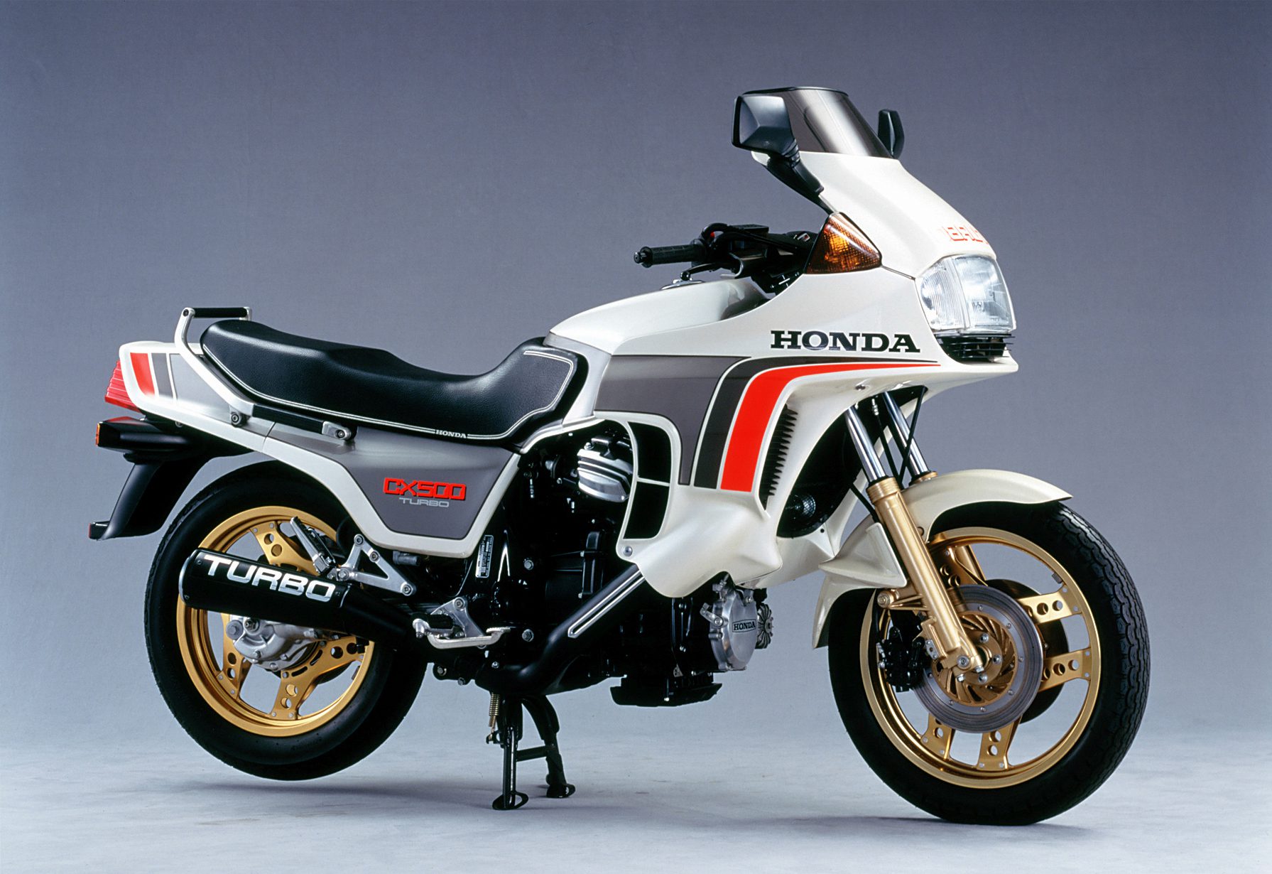 The Honda CX500 Turbo motorcycle in a studio