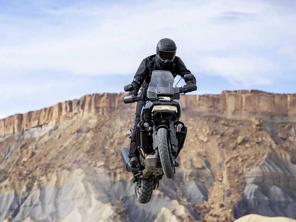 A view of a rider tricking out on the all-new Harley Davidson Pan America