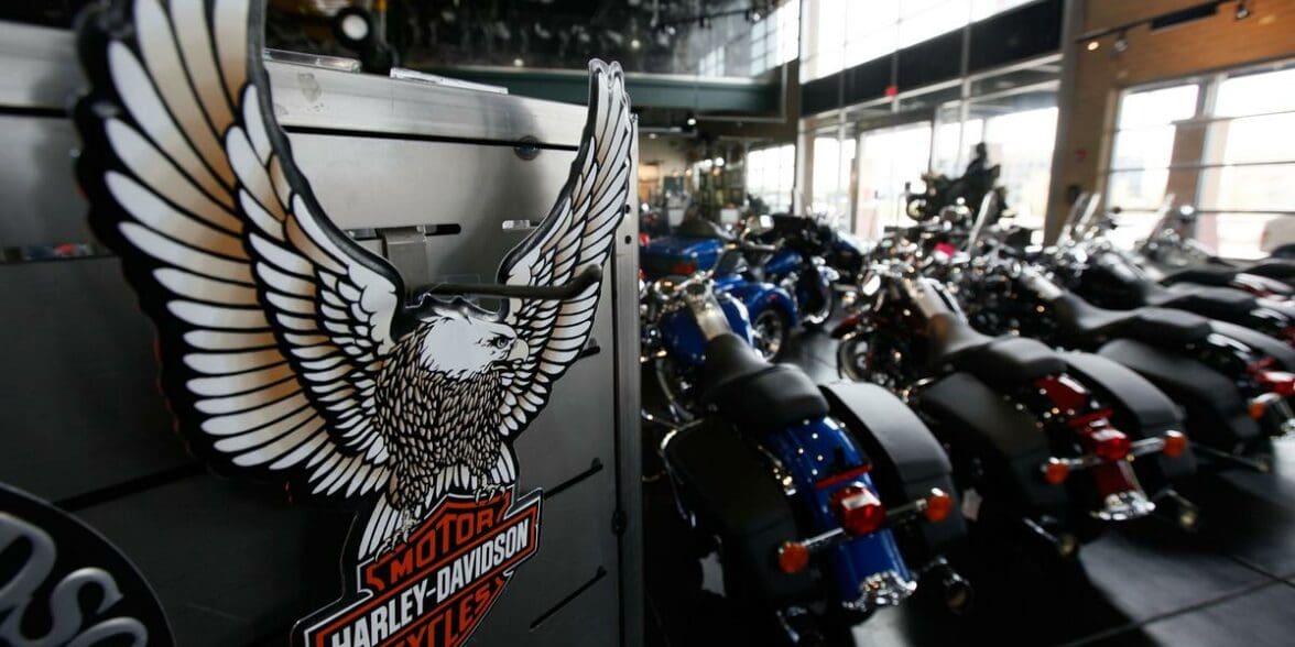 A view of a Harley-Davidson logo at a certified dealership - one where H-D1™ Marketplace bikes can be purchased and sold.