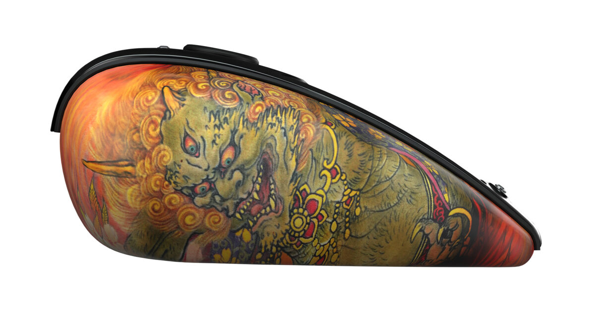 A close-up of the tank of the Indian Chief designed by Yokohama tattoo artist, Shige