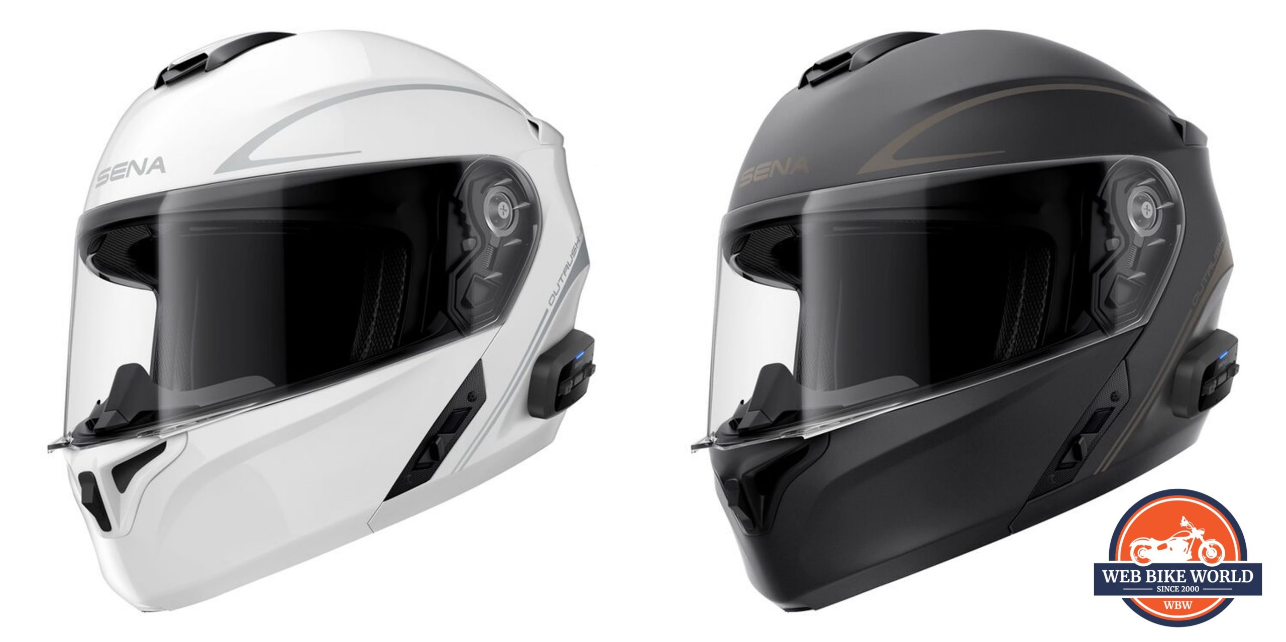 A view of the black and white alternatives for the Outrush R Modular Helmet