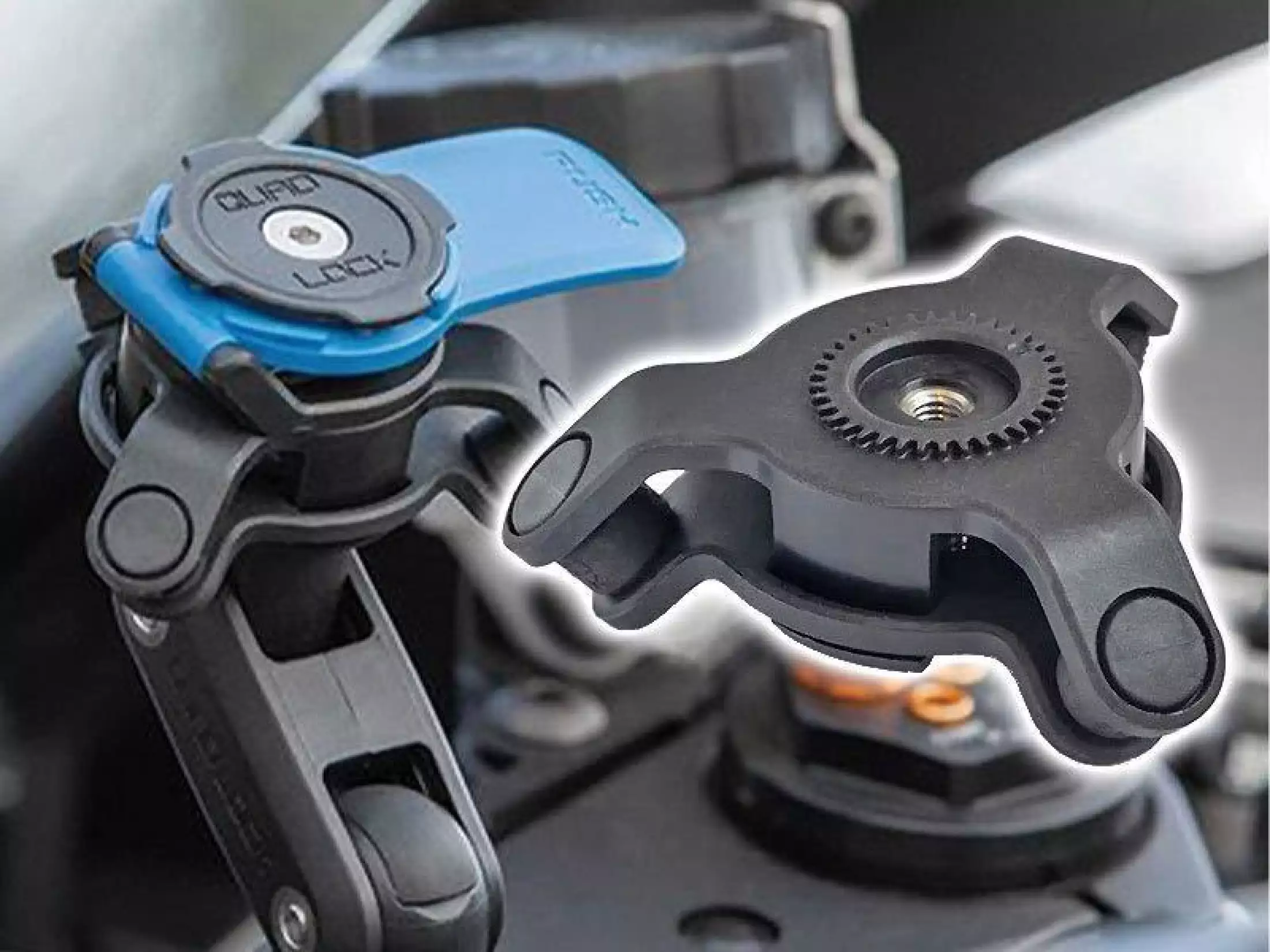 A view of a QuadLock vibration Damper that can be added as an extra accessory to the original mount available from the company