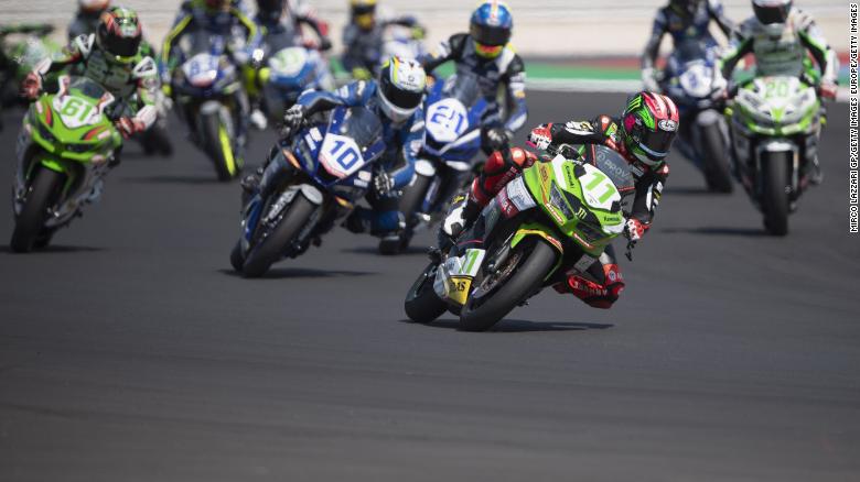 WorldSSP300: A lineup of riders leaning into the twisties
