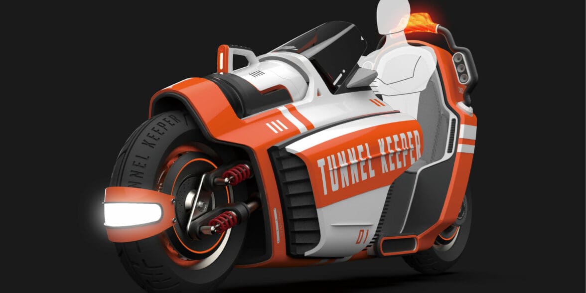 A side view of the Tunnel Keeper - a two-wheeled firefighting motorcycle designed by Syu Wei Chen