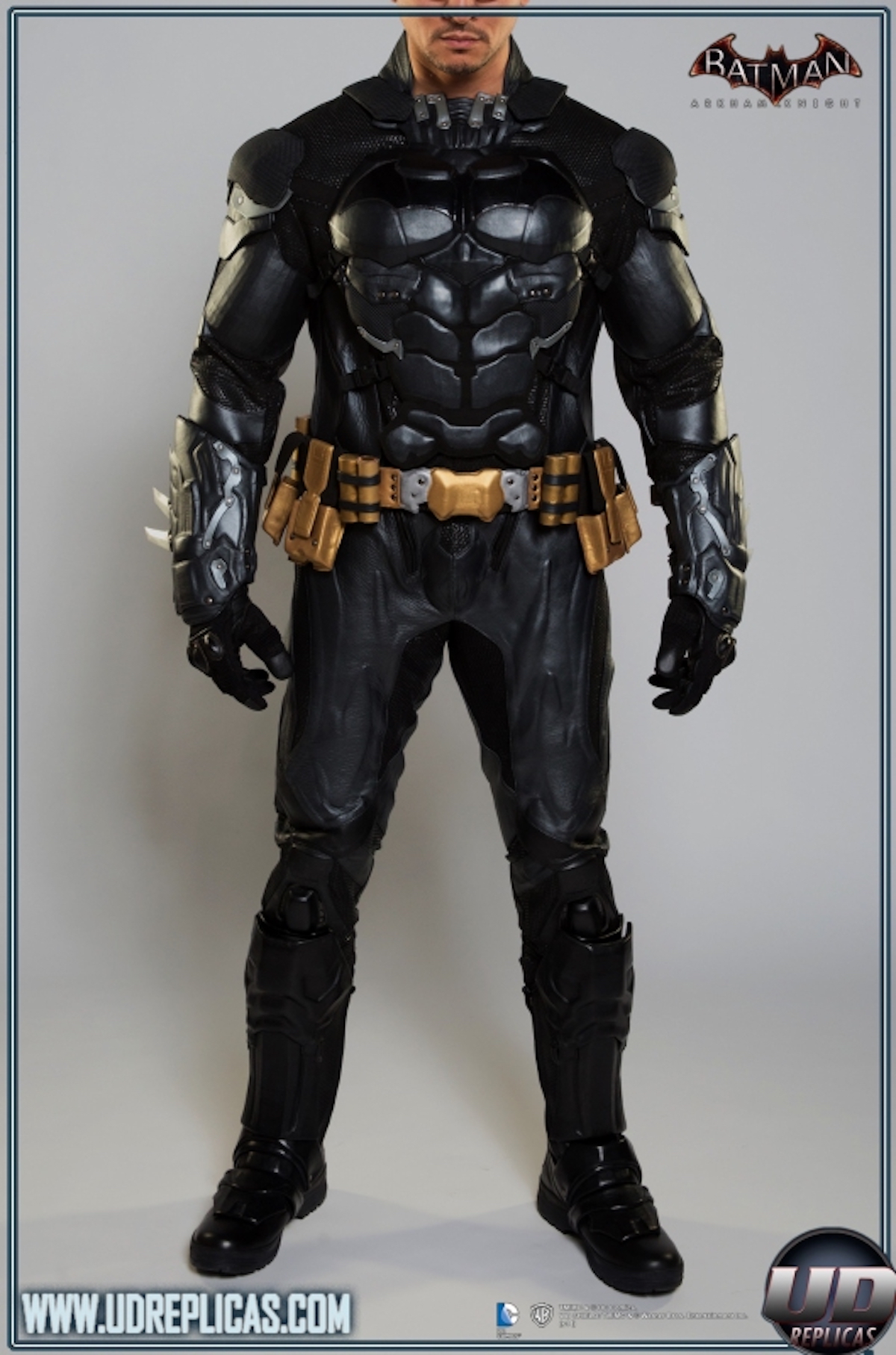 A frontal view of the BATMAN™: Arkham Knight Leather Motorcycle Suit from UD Replicas