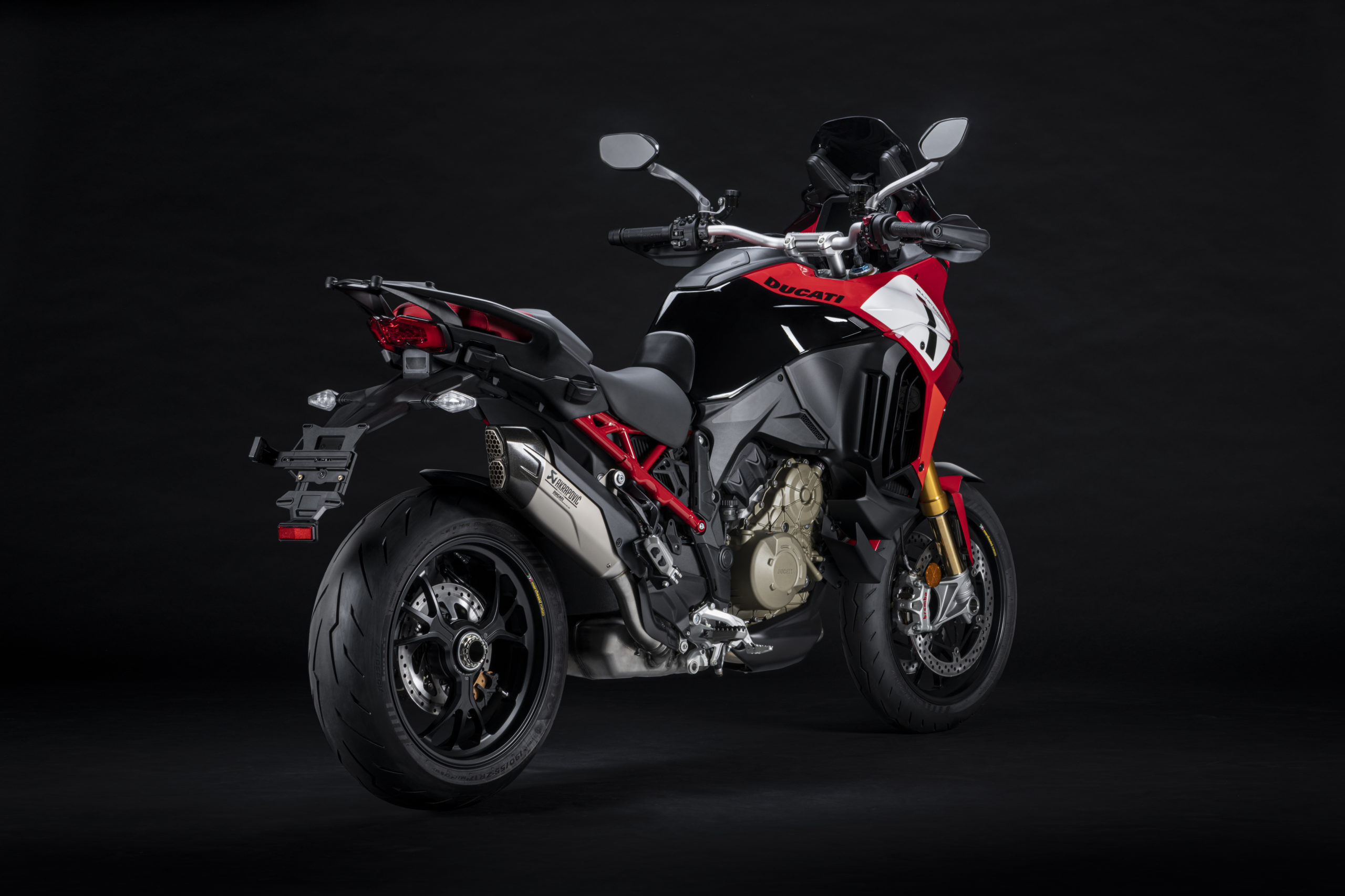 A back quarter view of the new Multistrada V4 Pikes Peak from Ducati - the third motorcycle to be debuted in their World Premiere series