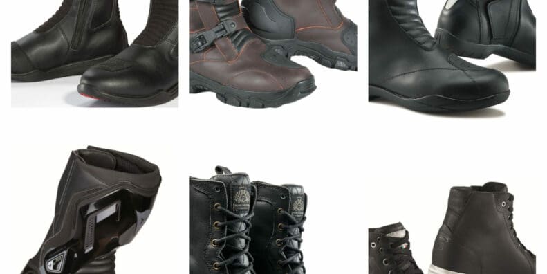Collage of motorcycle boots on white background