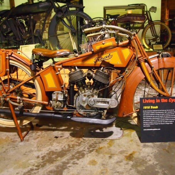 A view of the Traub motorcycle - a machine estimated to be from 1916 and a one-of-a-kind mystery that has yet to be solved to this day