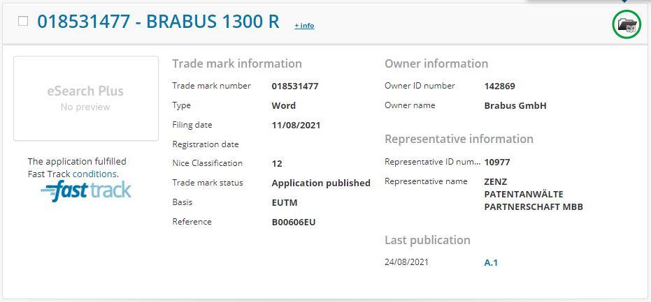 a view of the 'leaked' trademark document regarding Brabus and the potential for a tuned motorcycle from the German automotive brand