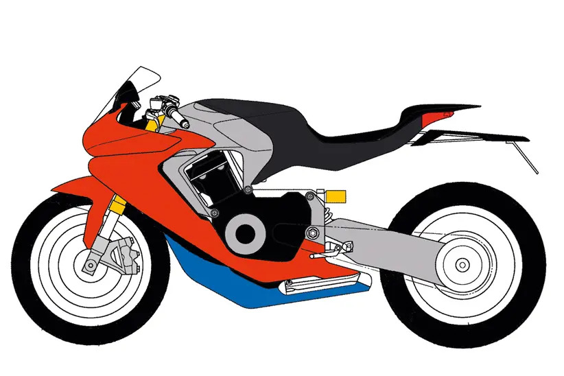 A side view of the design patent from Honda of a single-shelled, monocoque frame