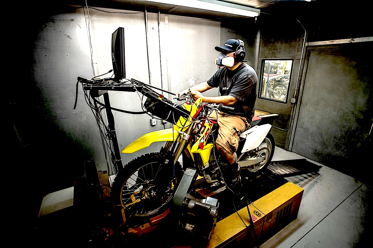 A dyne engineer trying out the emissions specs of a dirt bike