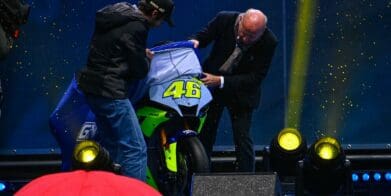 Valentino Rossi checking out the new limited edition tribute bike from Yamaha in commemoration of his 26-year career