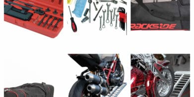 Collage of motorcycle tools and gear bags and ramps