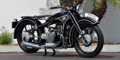 1935 BMW R12 with centre stand down on street