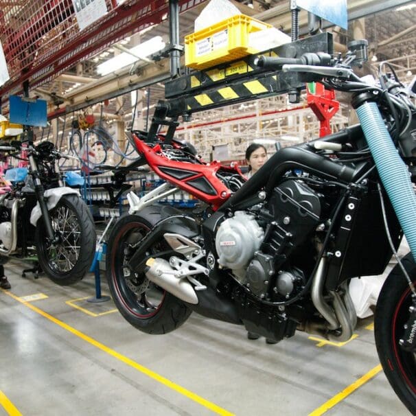 A view of a triumph motorcycle in the manufacturing phase