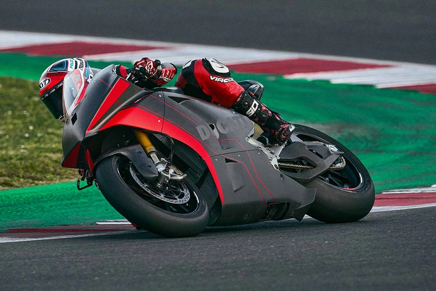A view of the new MotoE electric prototype being tested on the track at Misano by Ducati rider and tester, Michele Pirro