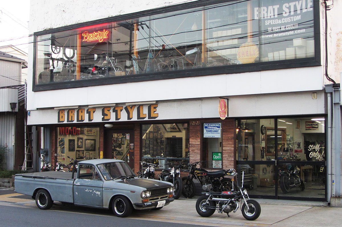 A view of Gō Takamine's Brat Style bike shop, where the man works on minimalist bobbers with an old-school feel