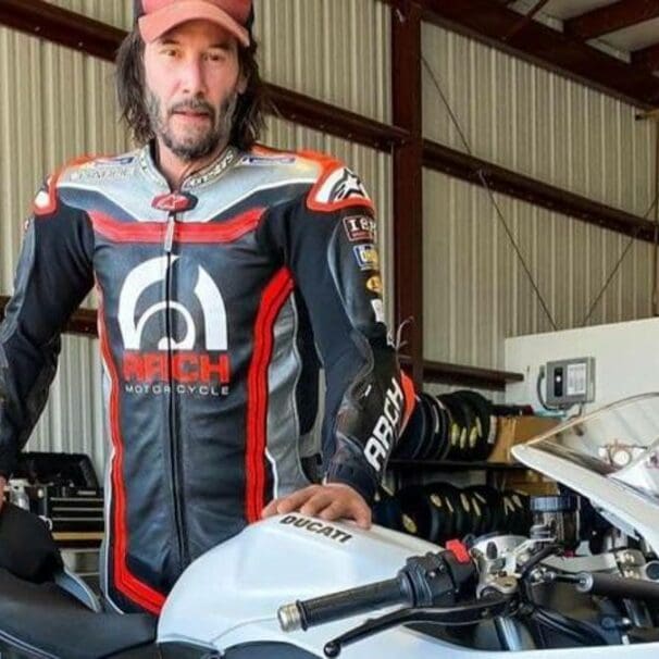 A view of Keanu Reeves testing out the Ducati Panigale V2