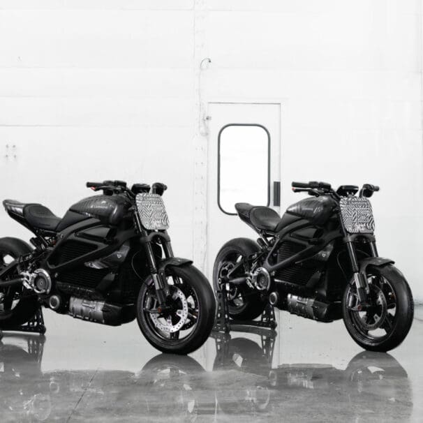A view of the three electric motorcycles held at Autopia 2099: SMCO's flat-tracker-inspired LiveWire Ones