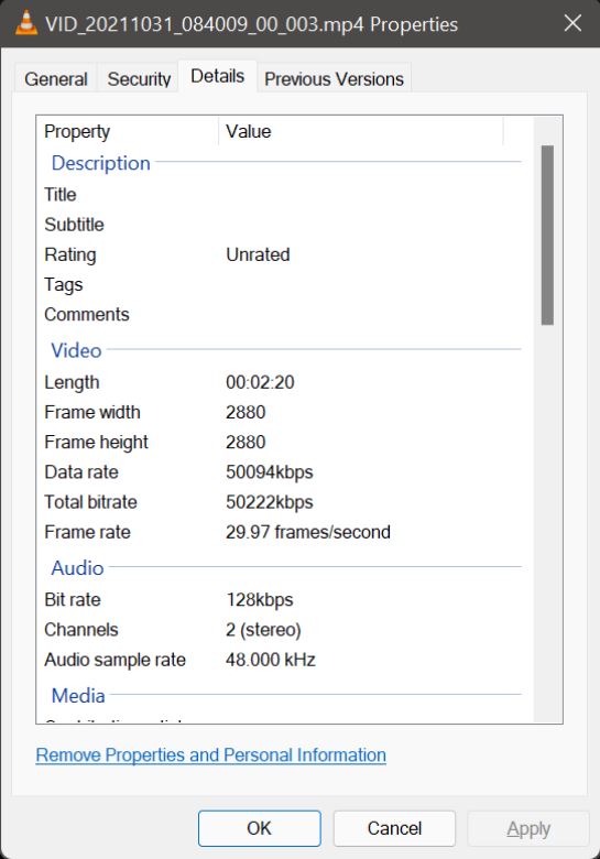 Screenshot of video properties such as framerate