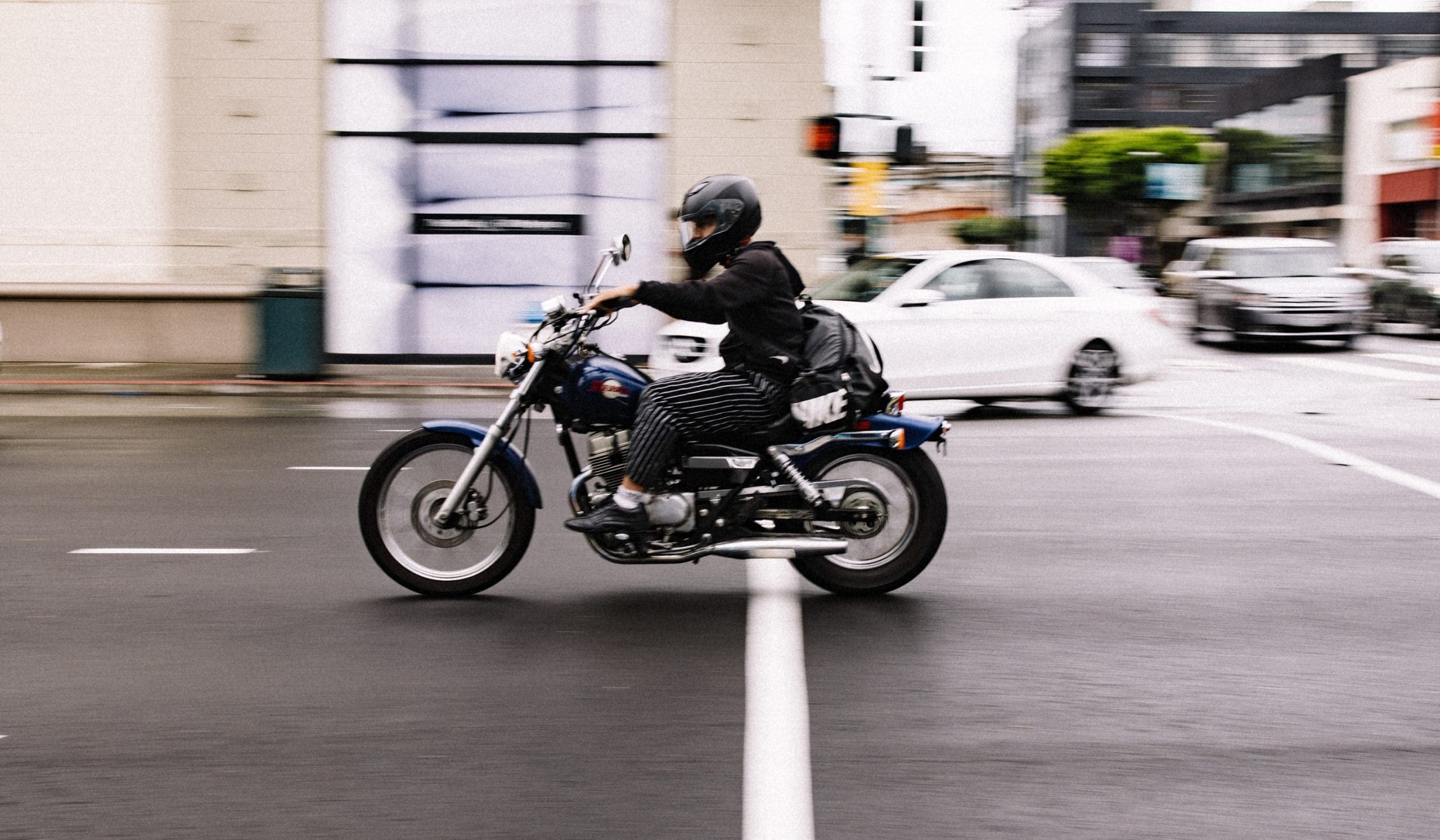 A view of motorcyclists lane splitting