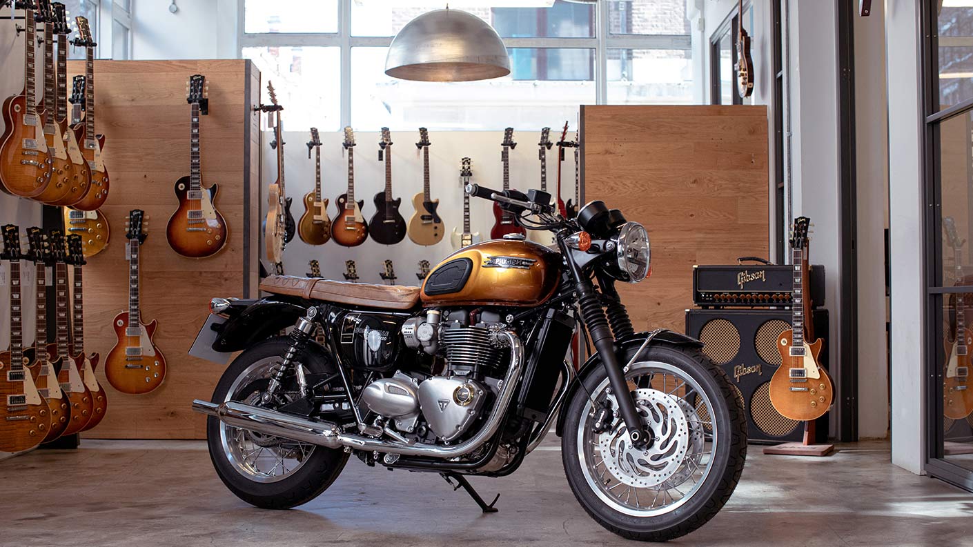 A view of the one-off Triumph Bonneville T120 that will be proffered along with a custom Gibson Les Paul Standard to reward the highest fundraiser for the Distinguished Gentleman's Ride