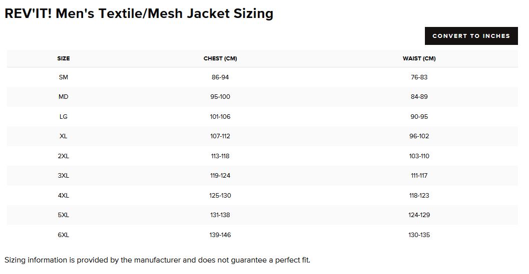 REVIT jacket size chart