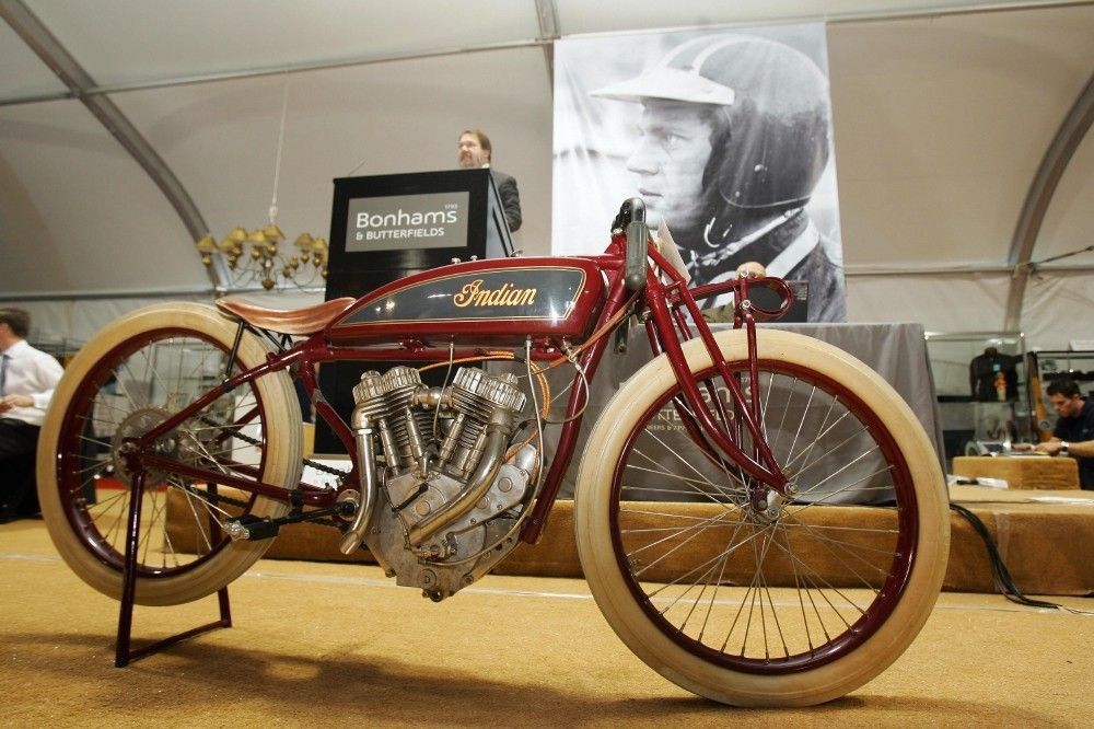 Steve McQueen's 1920 Indian Daytona PowerPlus motorcycle at Bonhams auction in 2006.