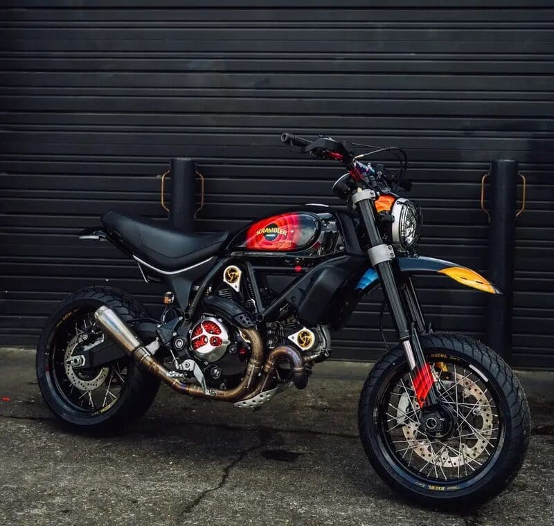 The Daffy Duc - a custom Scrambler Desert Sled from the shop of MotoCorsa.. Photo courtesy of Top Speed.