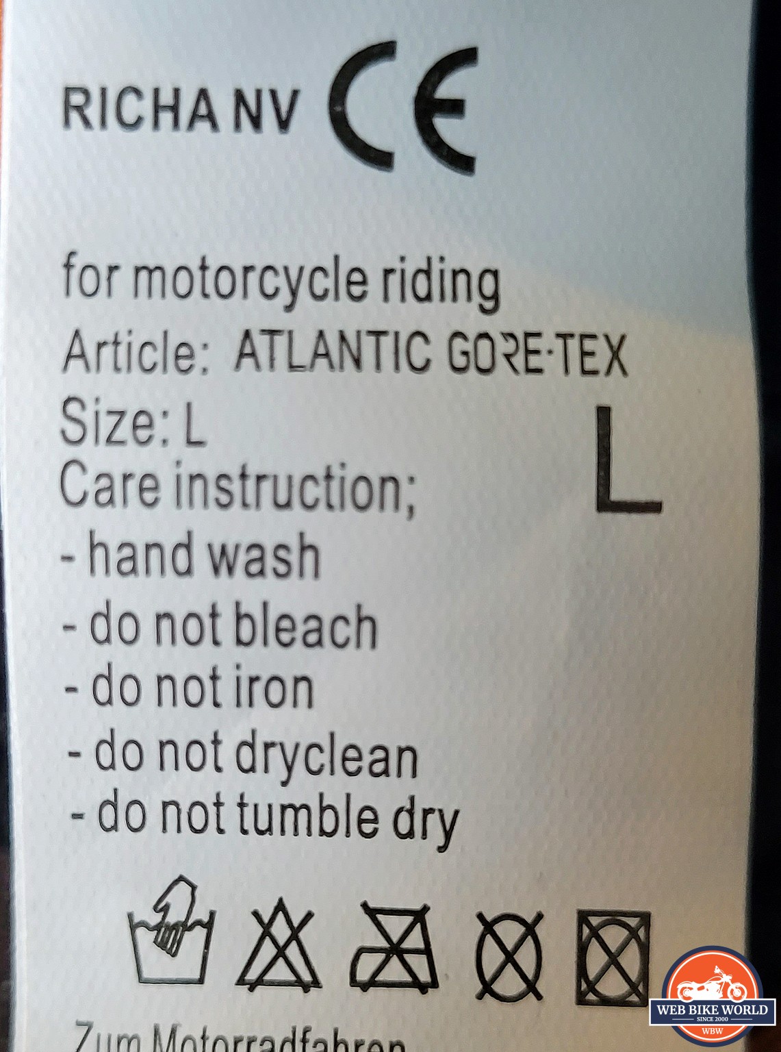Care instructions tag on the glove