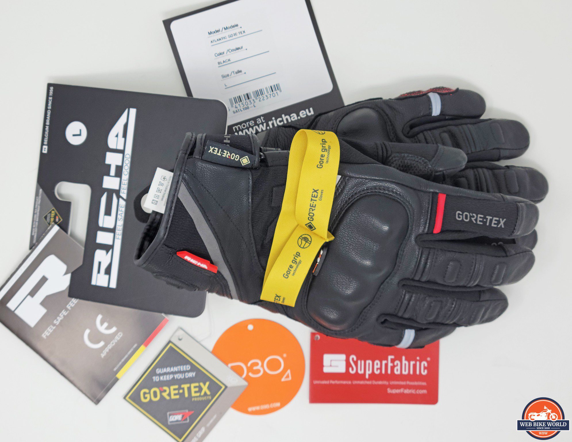 Richa Atlantic GTX gloves and various tags