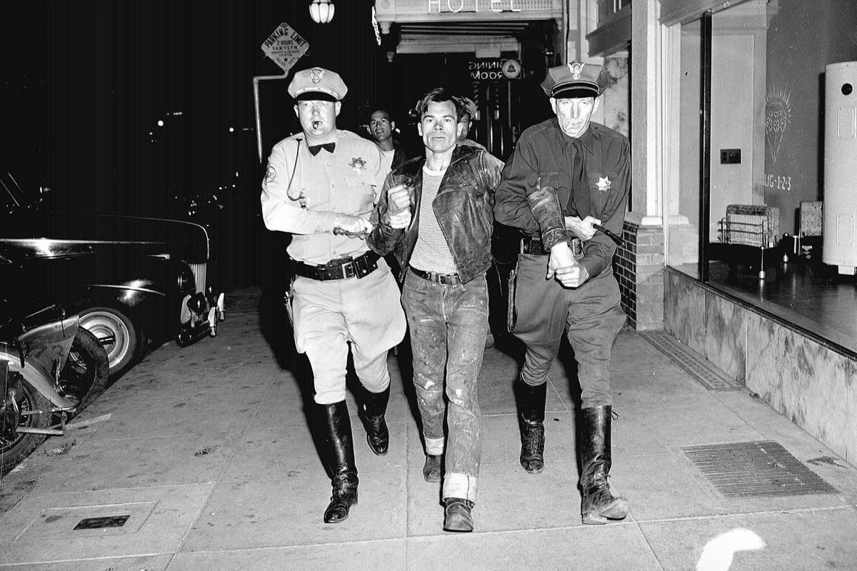 A motorcyclists is arrested during the Hollister Riots of 1947