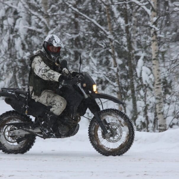 Rider on ADV bike in snowy Finland
