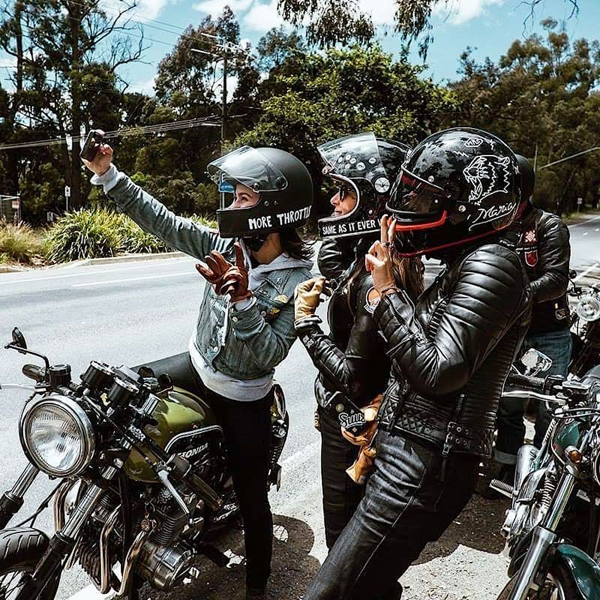 Four motorcyclists taking a selfie as the dopamine hits. Media sourced from Pinterest.