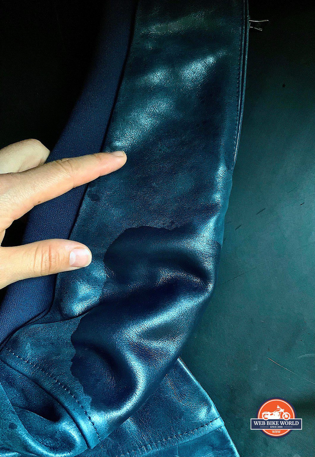 The REV’IT! Coral jacket showing water soaked into the leather.