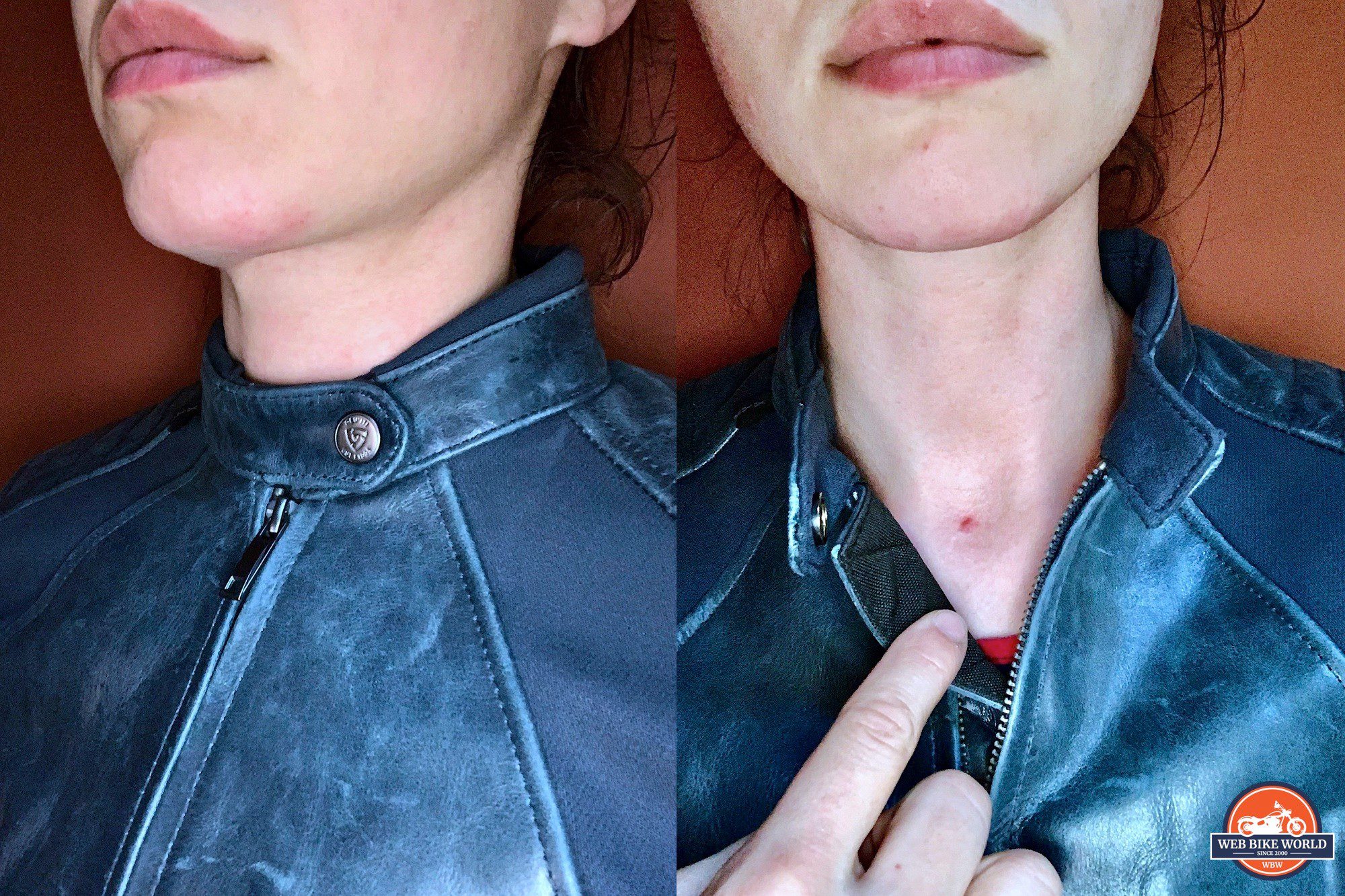 A close-up of the collar zone, where reviewer Amanda experienced tightness wearing the REV’IT! Coral jacket.