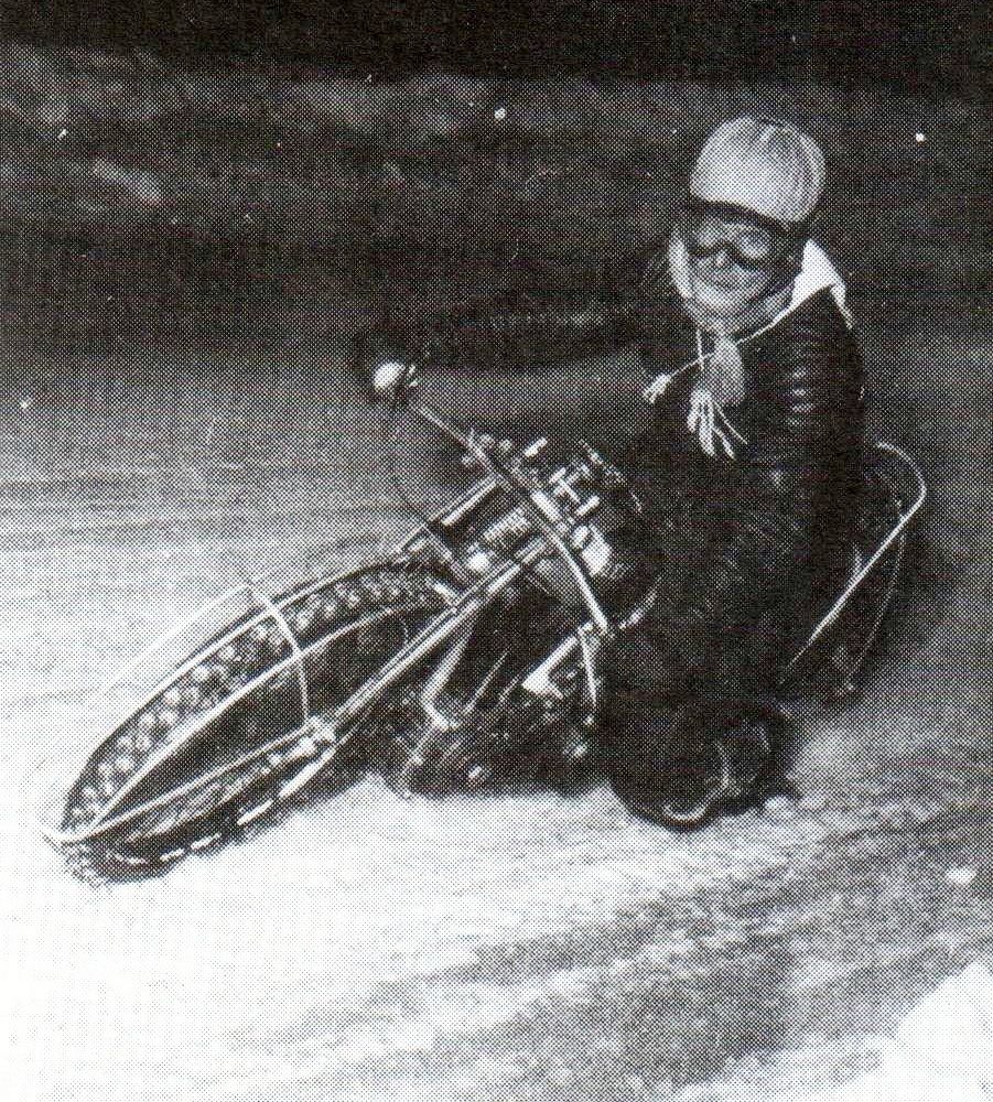 Historical photo of ice speedway racing motorcycle in action