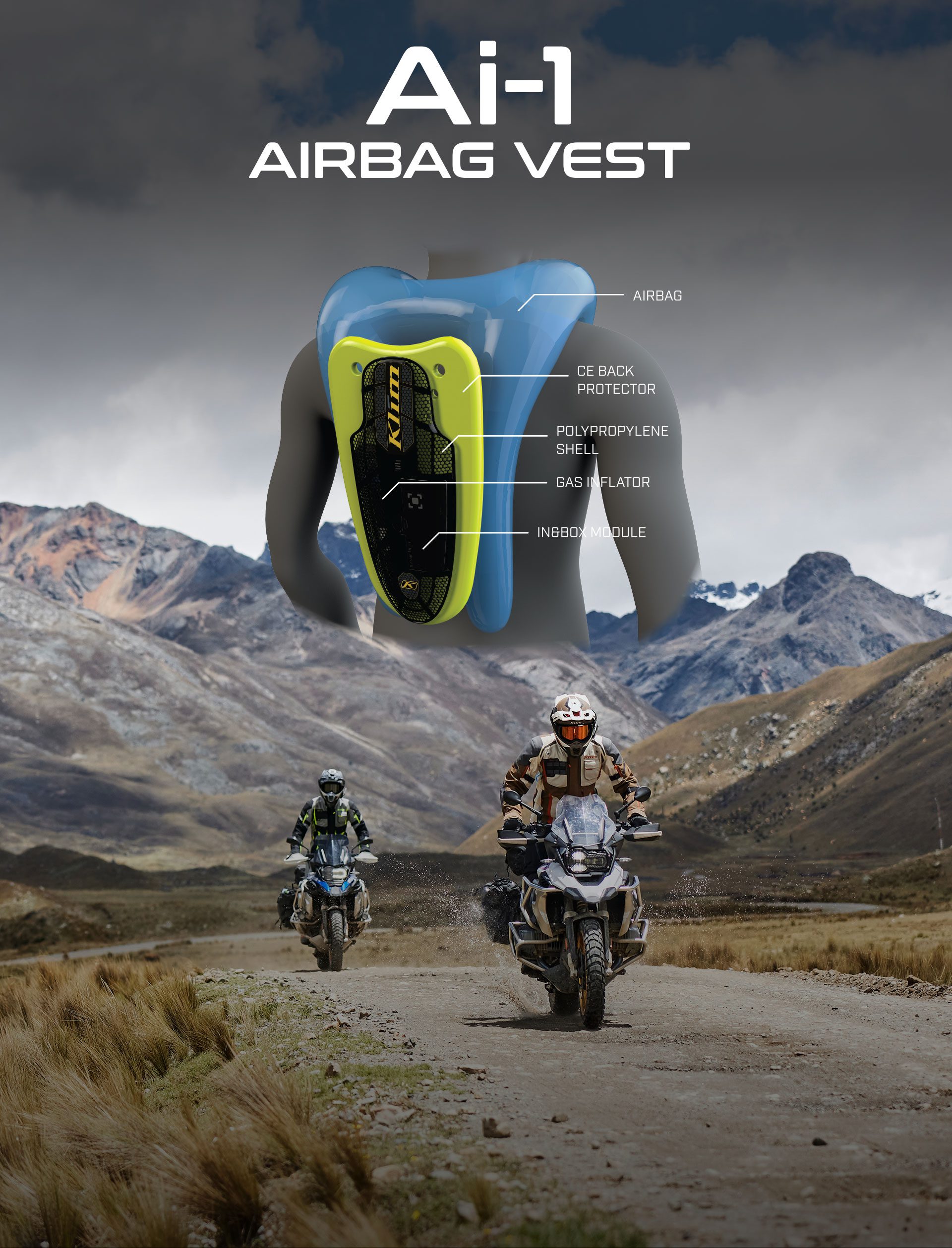 The KLIM Ai-1 Rally Airbag Vest, created in collaboration with In&motion. Media sourced from KLIM.